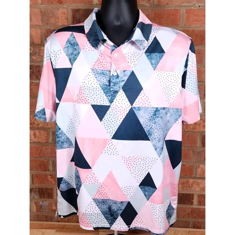 Yatta Golf Birdie Dropper Geometric Pink Black Print Polo Shirt Mens Size Large